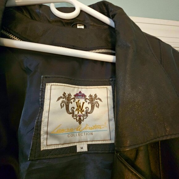 VTG MED Classic Laura Winston Black Leather Women's Button Up Long Trench Coat - Picture 3 of 16